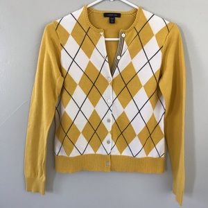Lands’ End Yellow and White Argyle Cardigan
